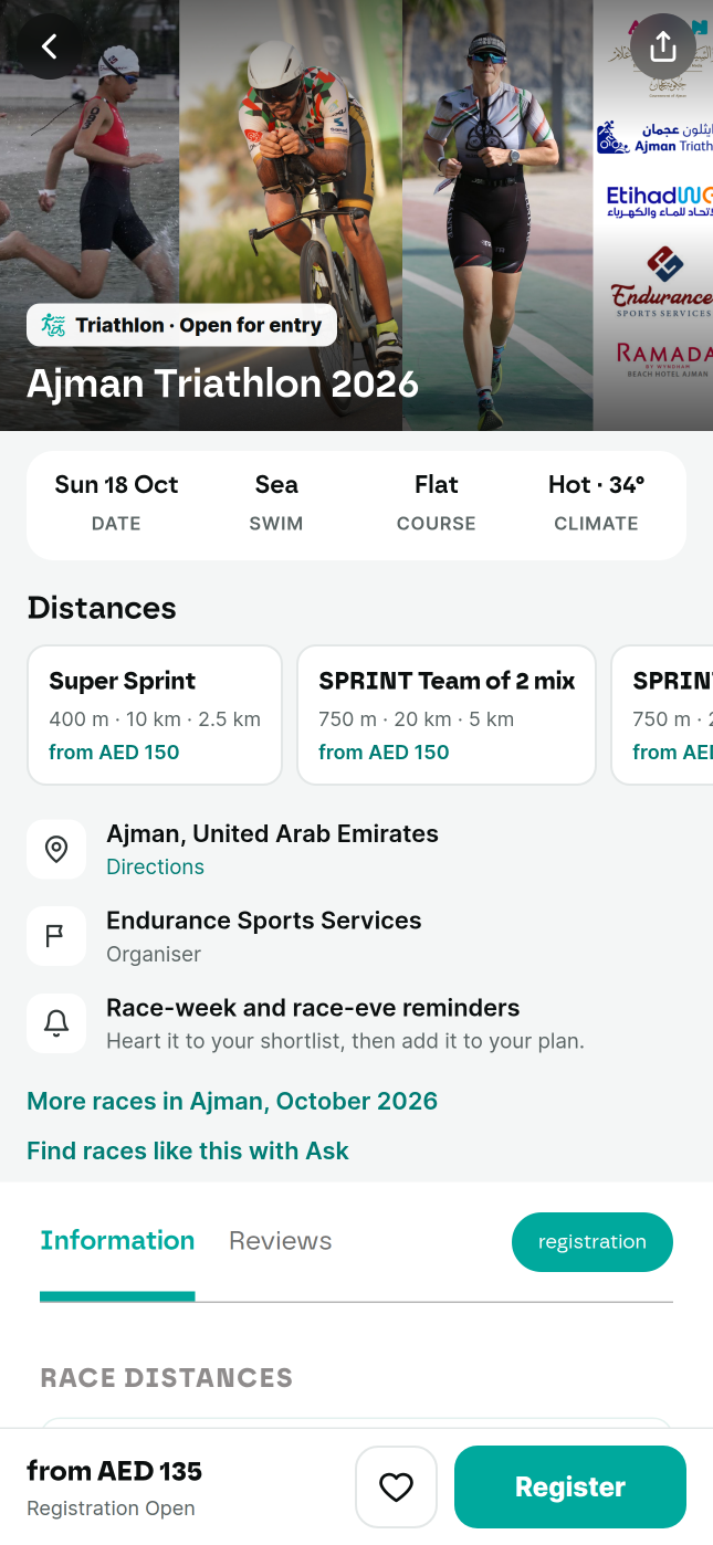 A race page: dates, distances, fees, Register